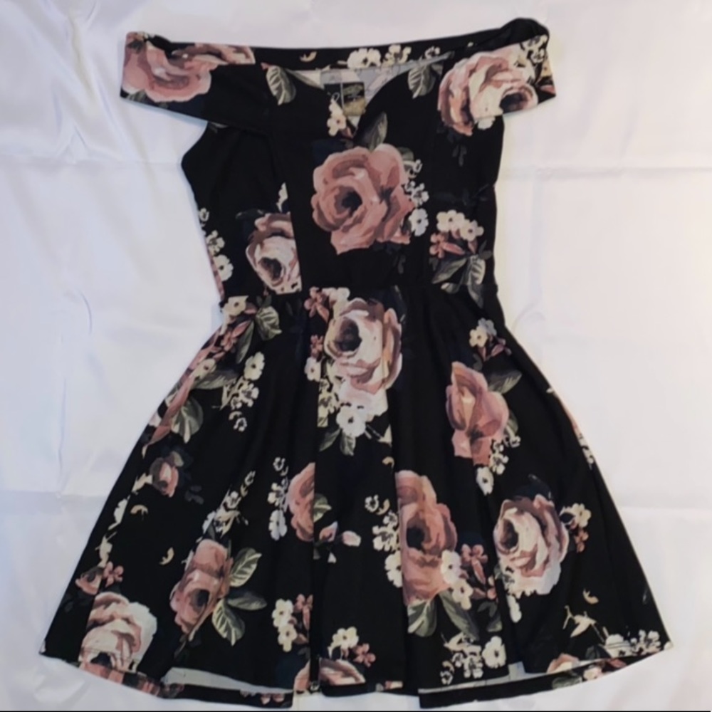 Windsor Floral Print Black & Pink Off the Shoulder Dress
